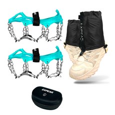 Expeak Tundra 13P 冰爪 雙腳穿戴 + 越野短版綁腿 左右 + 硬殼收納盒套組, 薄荷綠(冰爪), 黑色(綁腿)