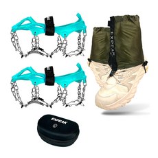 Expeak Tundra 13P 冰爪 雙腳穿戴 + 越野短版綁腿 左右 + 硬殼收納盒套組, 薄荷綠(冰爪), 橄欖綠(綁腿)