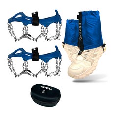 Expeak Tundra 13P 冰爪 雙腳穿戴 + 越野短版綁腿 左右 + 硬殼收納盒套組, 海軍藍(冰爪), 藍色(綁腿)