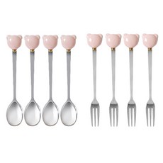 라임올리브 바네 곰돌이 티스푼 + 티포크 세트 핑크, 1세트, 티스푼 4p + 티포크 4p
