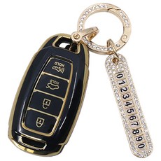 ruzen 汽車智慧TPU鑰匙殼 + 方晶鋯石環 + 電話號碼牌組, 摩登黑, 現代04