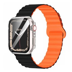 LIMSTAIL Apple Watch 雙色磁吸錶帶 + 9H 螢幕保護型全包覆保護殼套組, 黑橘色
