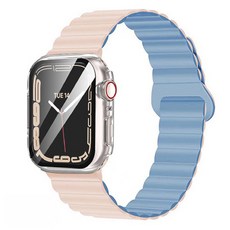 림스테일 애플워치 투톤 마그네틱스트랩 + 9H 액정보호형 풀커버 케이스 세트, 베이지블루