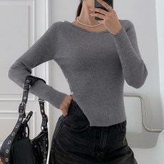 KnitNJean 女款嫘縈彈力羅紋不對稱領口側開衩阿波羅針織衫