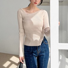 KnitNJean 女款嫘縈彈力羅紋不對稱領口側開衩阿波羅針織衫