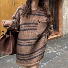 메이첼 여성용 라운드 포켓 스트라이프 롱 스웨터 04203