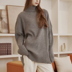 女款寬鬆長版羅紋高領保暖針織衫