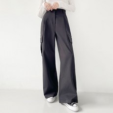 플랜데이 여성용 울터치 밑단 스트링 조거 와이드 카고 롱 팬츠 롱