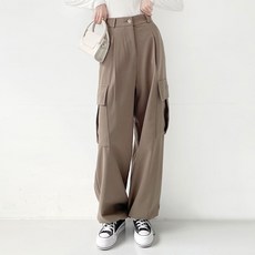 플랜데이 여성용 울터치 밑단 스트링 조거 와이드 카고 롱 팬츠 롱