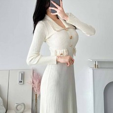 글램디브 퍼프릿 배색 니트 롱 원피스 AH1147