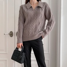 KnitNJean 女款寬鬆厚實費雪麻花翻領針織衫