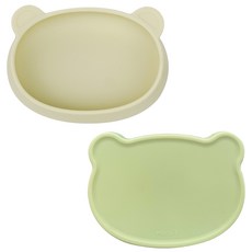 MODU'I 矽膠小熊餐盤+蓋子幼兒餐具組, 綠豆, 1組