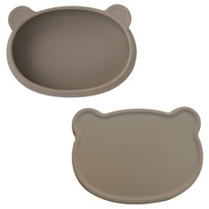 MODU'I 矽膠小熊餐盤+蓋子幼兒餐具組, 淺褐色, 1組