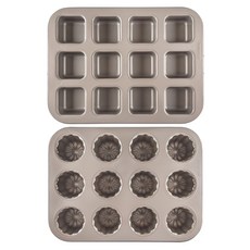 Hanomad 12格可麗露烤盤 + 迷你方塊烤盤 方形瑪芬模具 迷你吐司模具 12格 金色套組, 1套