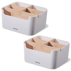 Market Plan 隔層收納整理盒 5格, 2個, 木紋白