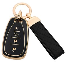 MD global 雪佛蘭兼容TPU汽車鑰匙殼 + 皮革鑰匙繩組合, 黑色, 雪佛蘭 C型