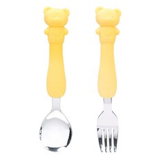 LiLFANT 兒童柔軟矽膠握柄不鏽鋼副食品湯匙 + 叉子組合 LF8408, 1套, 黃色小熊