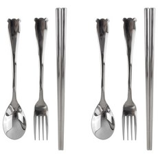 兒童小熊立體不鏽鋼湯匙叉子筷子組, 銀色, 湯匙 2p + 叉子 2p + 筷子 2p, 2套