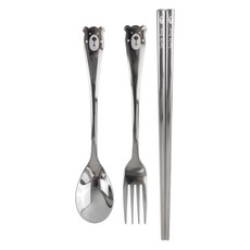兒童裸露立體不銹鋼匙叉筷子套裝, 銀色, 湯匙 + 叉子 + 筷子, 1套