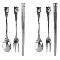 兒童小熊立體不鏽鋼湯匙叉子筷子組, 銀色, 湯匙 2p + 叉子 2p + 筷子 2雙, 2套