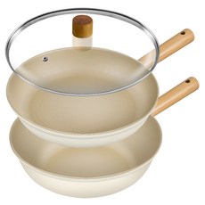 Dream Chef Oslo IH 電磁爐用 奶油色陶瓷平底鍋 3件組, 1套, 平底鍋 28cm + 炒鍋 28cm + 鍋蓋 28cm, 混合色