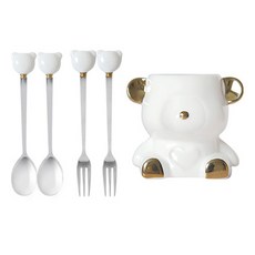 Baneh 小熊餐具套組, 白色, 茶匙(2入) + 茶叉(2入) + 茶匙筒(1入), 1套