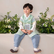 Agahanbok 男童款蘋果薄荷色緞面韓服套裝