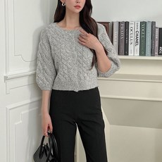 뜨개진 여성용 도톰 꽈배기 벌룬소매 라운드 메이브 가디건