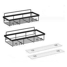 JSMOM 強力黏貼式掛式浴室層架 特大號 + 大號 + 吸盤2入組, 黑色(浴室層架), 1套