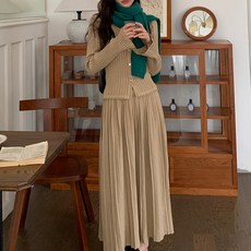 페이퍼먼츠 플리츠 롱 스커트 플레어 소매 니트 세트 08044