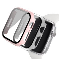 루아르모 애플워치 액정보호 강화유리 풀커버 케이스 2p, 핑크, 투명