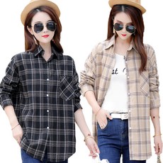 피어니스트 여성용 체크패턴 포켓 셔츠 남방 2종 세트