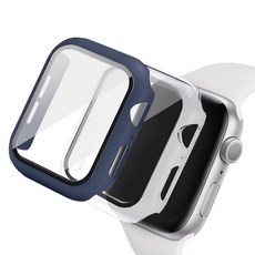 Luarmo Apple Watch 螢幕保護鋼化玻璃全覆蓋保護殼 2入, 午夜藍, 透明