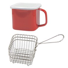 方形搪瓷琺瑯杯 紅色 1.45L+油炸網, 1組, 罐(寬14.5cm x 高14.5cm)、煎網(寬10.3cm x 高10.3cm)