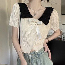 PEONIST 女款甜美蝴蝶結翻領短袖針織開襟衫 R