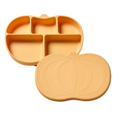 mommy's table 兒童南瓜造型食品級矽膠吸盤餐盤組, 奶油黃色, 餐盤 + 蓋子, 1套