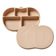 mommy's table 兒童南瓜造型食品級矽膠吸盤餐盤組, 沙棕色, 餐盤 + 蓋子, 1套