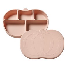 mommy's table 兒童南瓜造型食品級矽膠吸盤餐盤組, 香檳粉色, 餐盤 + 蓋子, 1套