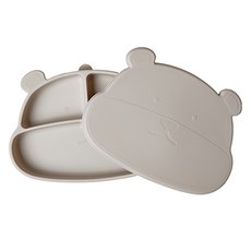 mommy's table 兒童用Meokja Bear食品級矽膠吸附餐盤組, 柔米色, 餐盤 + 蓋子, 1套
