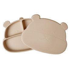 mommy's table 兒童用Meokja Bear食品級矽膠吸附餐盤組, 沙棕色, 餐盤 + 蓋子, 1套