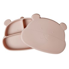 mommy's table 兒童用Meokja Bear食品級矽膠吸附餐盤組, 香檳粉, 餐盤 + 蓋子, 1套