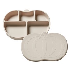 mommy's table 兒童南瓜造型食品級矽膠吸盤餐盤組, 柔和米色, 餐盤 + 蓋子, 1套