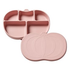 mommy's table 兒童南瓜造型食品級矽膠吸盤餐盤組, 迷霧玫瑰色, 餐盤 + 蓋子, 1套