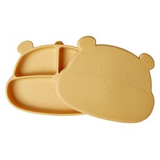 mommy's table 兒童用Meokja Bear食品級矽膠吸附餐盤組, 奶油黃, 餐盤 + 蓋子, 1套