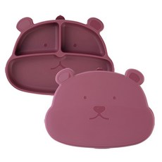 mommy's table Meokja Bear吸附食品級矽膠幼兒餐盤組, 酒紅色, 餐盤 + 蓋子, 1個