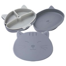 mommy's table 兒童用胖貓咪吸盤餐盤 食品級矽膠幼兒餐盤組, 餐盤 + 內杯 + 蓋子, 深灰色, 淺灰色, 1套