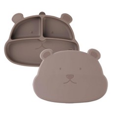mommy's table 吃吧熊吸附食品級矽膠兒童餐盤組, 裸棕色, 盤子+蓋子, 1套