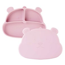 mommy's table Meokja Bear吸附食品級矽膠幼兒餐盤組, 嬰兒粉, 餐盤 + 蓋子, 1套