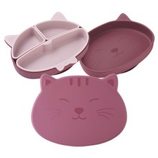 mommy's table 兒童用胖貓咪吸盤餐盤 食品級矽膠幼兒餐盤組, 餐盤 + 內杯 + 蓋子, 酒紅色, 嬰兒粉, 1套