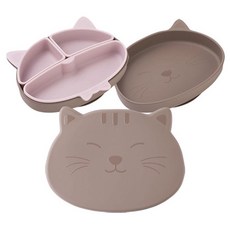mommy's table 兒童用胖貓咪吸盤餐盤 食品級矽膠幼兒餐盤組, 餐盤 + 內杯 + 蓋子, 熊棕色, 米粉色, 1套